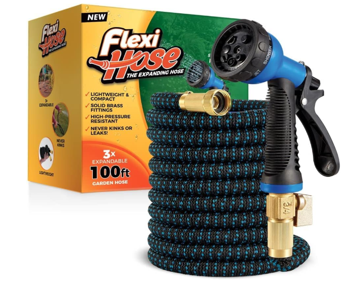 Flexi Hose Expandable Garden Hose with 8 Function Nozzle, 100FT - Lightweight Retractable Garden Hose, Water Hose - No-Kink Flexibility, 3/4 Inch Solid Brass Fittings and Double Latex Core, Missing End Fittings, Pre-Owned