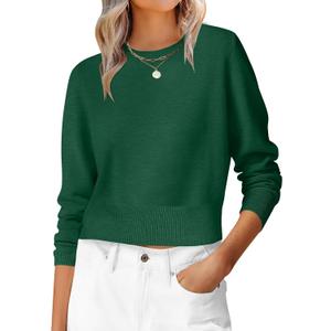 ANRABESS Womens Long Sleeve Sweaters Cropped Crew Neck Business Casual Light Weight Sweater Tops Fall Fashion Clothes 2025 (Medium, Forest Deep Green)