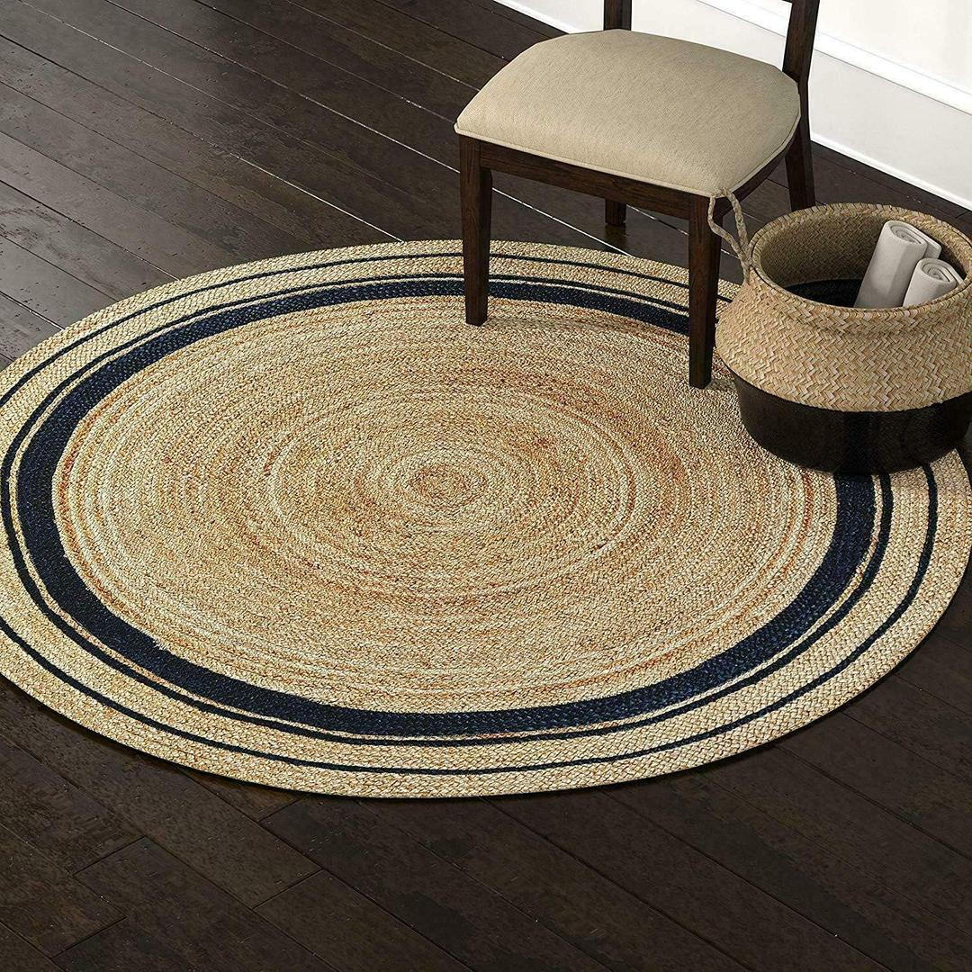 Natural Jute Rug Hand Braided Round Area Rug Handmade Rug for Home Decor (4 Feet Round (48 x 48 Inches), Beige + Black Line)