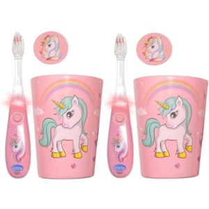 Lily's Home Kids Flashing Timer Toothbrush with Soft Bristles, Rising Cup & Cover - Fun 2-Min Light-Up Brushing for Children - Toddler Toothbrush Kit (Unicorn) - Set of 2