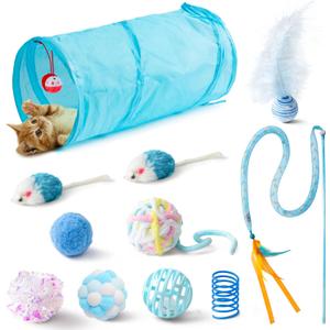 MALLMALL6 11Pc Cat Toy Set - Interactive Pack with Foldable Tunnel, Feather Teaser Wand, Springs, Mice, Crinkle Balls & Pet Bell Balls - Puzzle Toys for Indoor Cats - Gift (Blue)