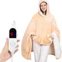 DAILYLIFE Wearable Heated Blanket, 40"x70" Eletric Throw with 6 Heating Levels and 12 Hours Timer, Heated Wrap Poncho Shawl & Hoodies with Pockets, Machine Washable with ETL Certification, Beige