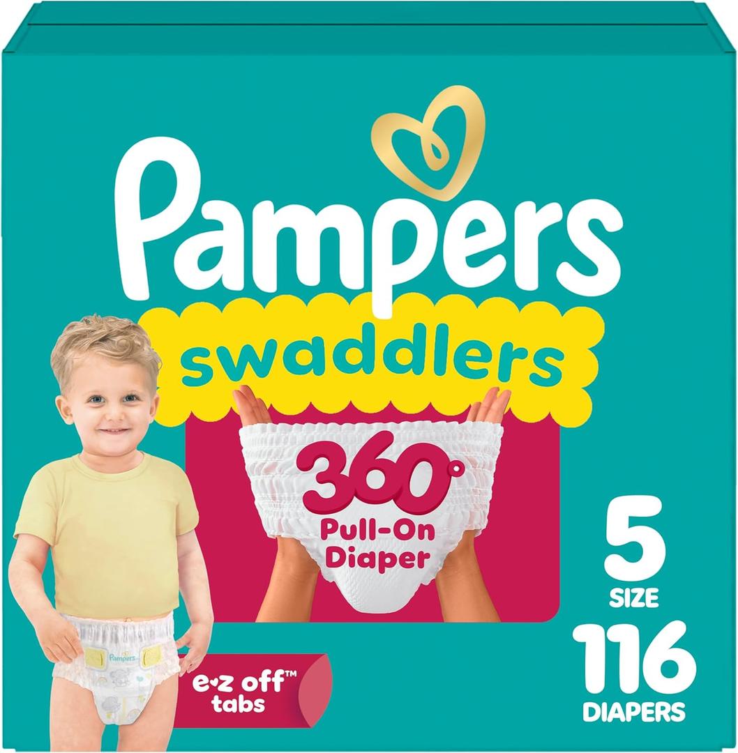 Pampers Diapers - Swaddlers 360 - Size 5, 116 Count, up to 100% Leakproof Comfy Dry Fit, Designed for Easy Changes, Pull On Baby Diaper