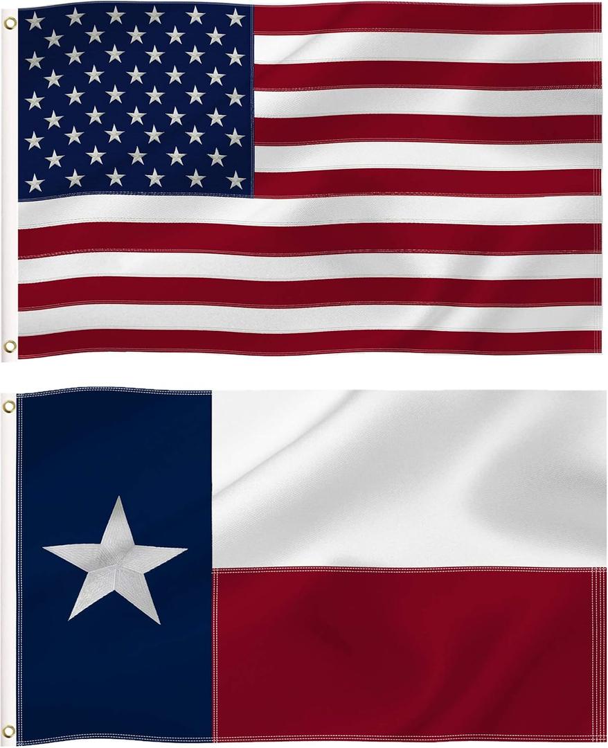 3x5 Ft Texas State and USA American Flags Combo Pack, State TX and US Embroidered Stars 210D Nylon Flag with Brass Grommets Vivid Color,for Outdoor and Indoor Use