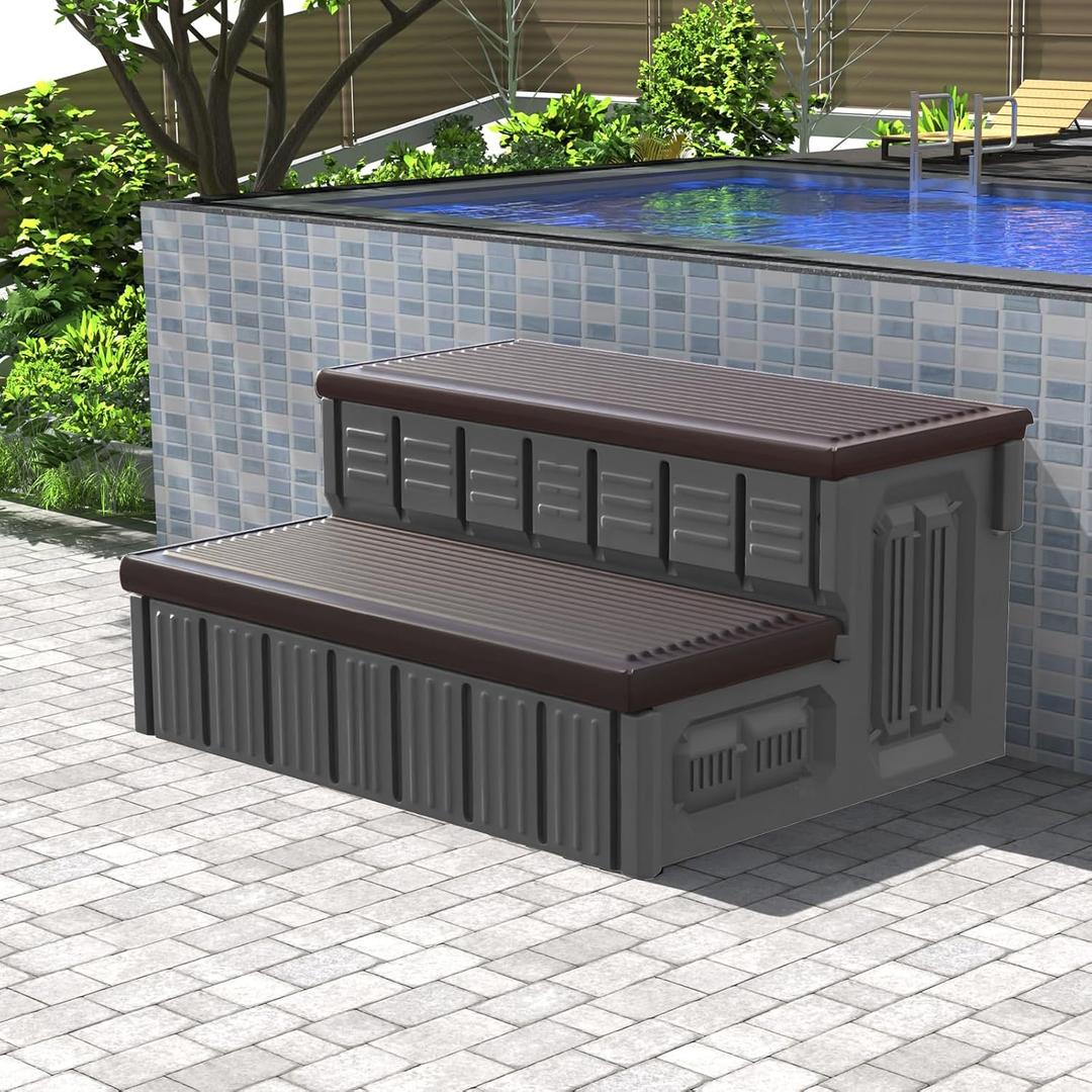 Hot Tub Steps, Outdoor Spa Steps with Storage, Non-Slip & Sturdy Hot Tub Stairs, 36 Inches Long, Coffee&Gray