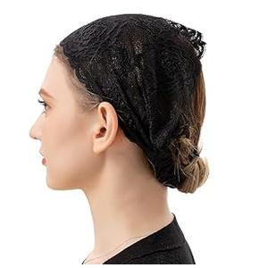 PAMOR Stretchy Rose Lace Headband Floral Headwrap Chapel Veils Latin Mass Head Covering Catholic Church Veil with Bobby Pins (Black)