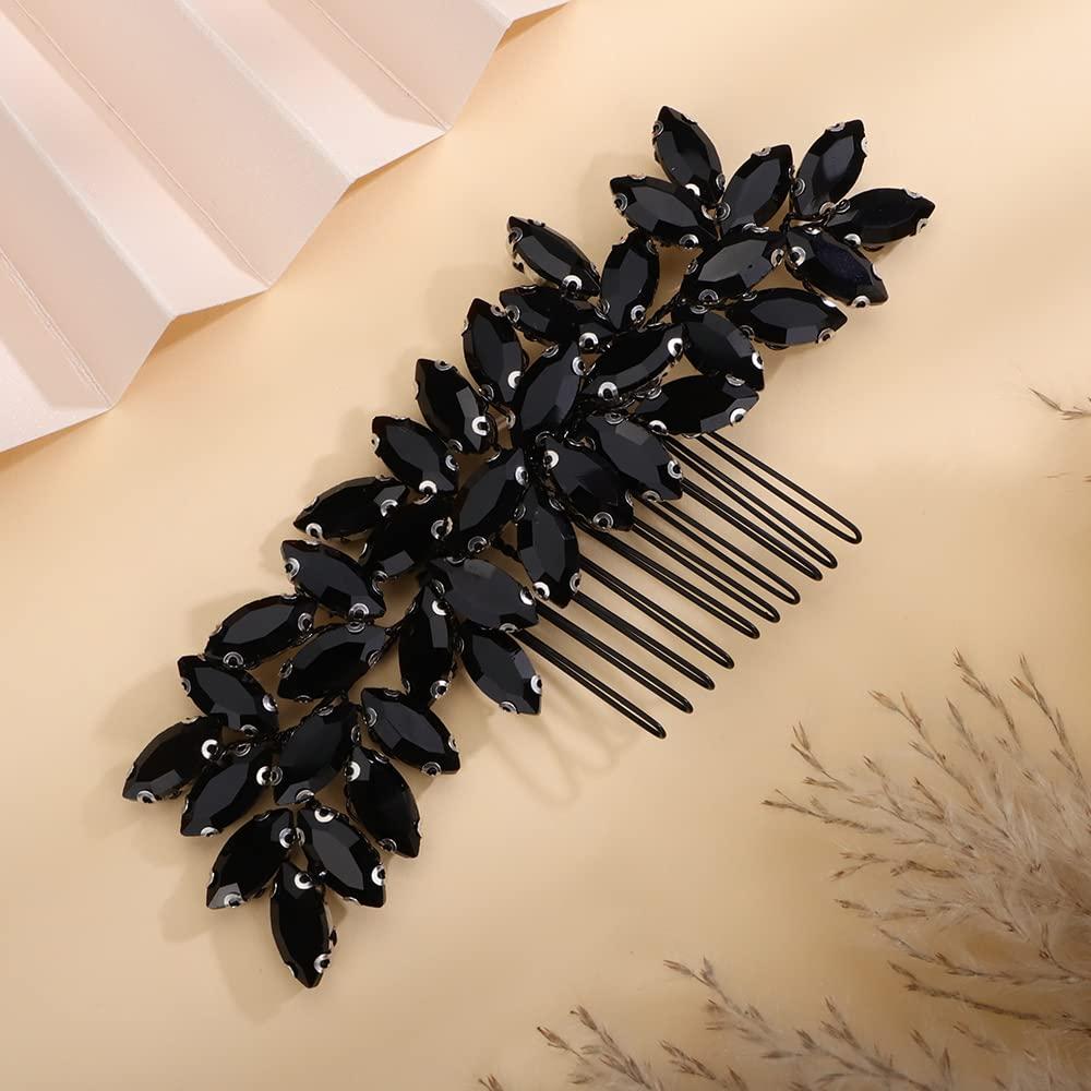Black Rhinestones Hair Comb for Women Girls Wedding Bridal Hair Piece Handmade Jewelry Banquet Prom (Black)