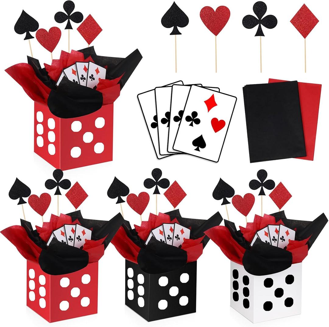 WinnerWhy 4 Sets Casino Theme Party Decorations Dice Centerpieces for Tables Casino Night Table Party Toppers with White, Black, Red Dice Box Poker Cutouts and Sticks for Graduation Birthday Decor