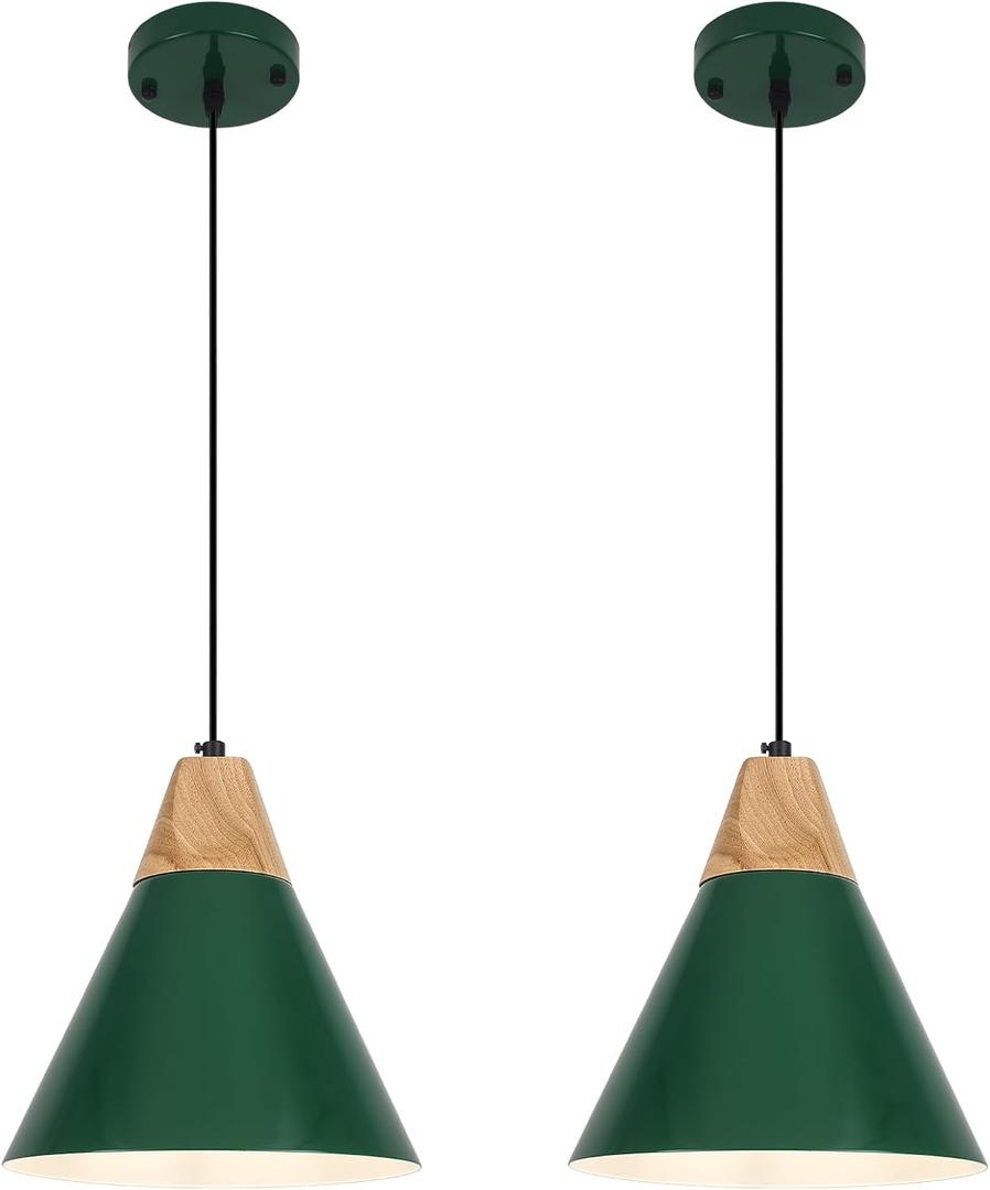 Farmhouse Pendant Light, 9.4inch, 2 Packs- Green Industrial Kitchen Pendant Lights, Pendant Lights Kitchen Island, Pendant Light for Bedroom, Office, Kichen Sink, Library