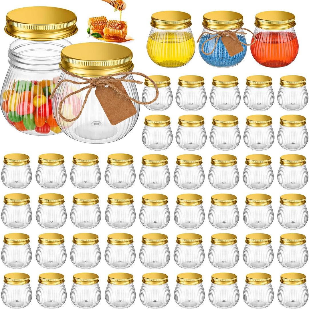 Yungyan 50 Pcs 4 oz Small Jars with Lids, Clear Mini Mason Jars Plastic Containers with Lids and Tags Mini Jelly Containers for Herb Jelly Wedding Favors Shower Party Favors(Gold Cap)