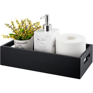 ALELION Black Bathroom Basket - Wooden Toilet Tank Paper Basket with Handle for Organizing - Back of Toilet Storage Organizer for Bathroom Tank Topper Counter - Black Bathroom Decor Box (13 Inch)