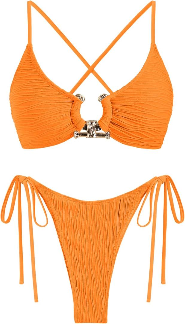 ZAFUL Women's Bikini Sets Ribbed Metal O Ring Criss Cross Two Piece Swimsuit Cheeky High Cut Side Tie Thong Bathing Suit (X-Large)