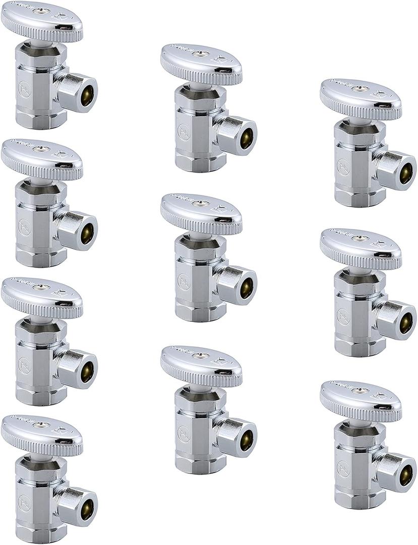 (10-Pack) Cyrret Angle Stop Shut off Valve Multi-Turn 1/2-Inch FIP Inlet X 3/8-Inch Compression Outlet, No Lead Brass Chromed, CUPC NSF AB1953 Approved