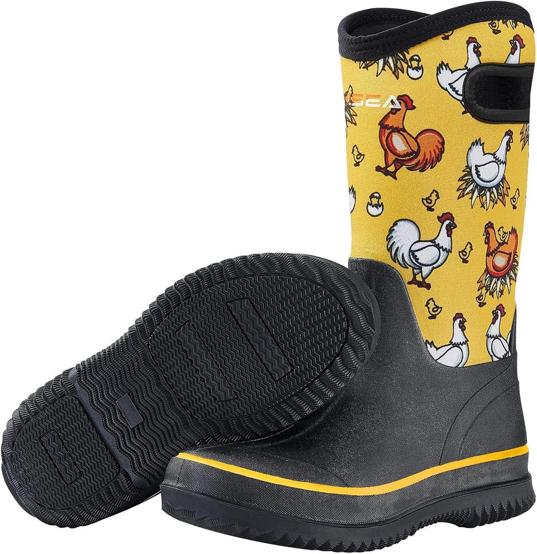 HISEA Women Mud Boots, Neoprene Rubber Garden Shoes Waterproof Mid Calf Rain Boots for Outdoor (8, Yellow Chicken)