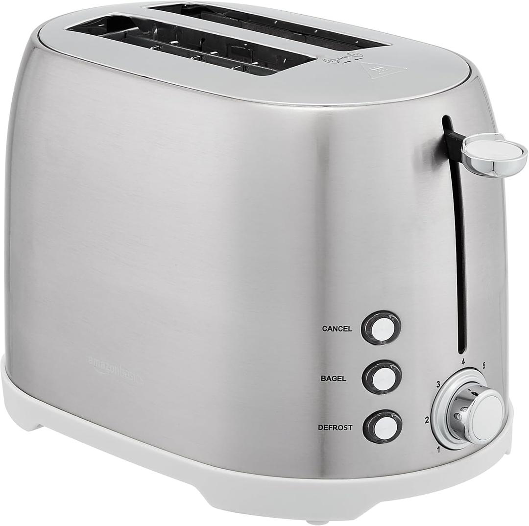 Amazon Basics 2 Slice Cool Touch Stainless Steel Toaster with 7 Browning Settings, Extra Wide Slots (for Bagels, Waffles, Specialty Breads), Removable Crumb Tray, Cancel Button, 800W, Brushed Silver