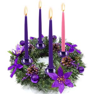 [Safety Fire Retardant] Christmas Purple Advent Wreath Decor 4 Advent Candle Holder with 4 Pinecorn 4 Ribbon 2 Poinsettia 4 Ball 4 Berry Christmas Centerpiece Table Decorations Home Indoor(No Candles)