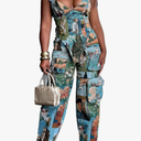 Molilove Sexy 2 Piece Sets for Women Pattern Print Sleeveless Crop Top and Wide Leg Pants with Pockets Soft Stretchy Outfits, S