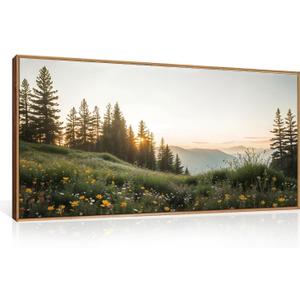 FWIEXA Green Forest Mountain Framed Canvas Wall Art Set, Wildflower Meadow Wall Decor, Floral Pictures Artwork, Nature Sunset Landscape Art Prints for Living Room, Bedroom, Office - Size 20"x40"