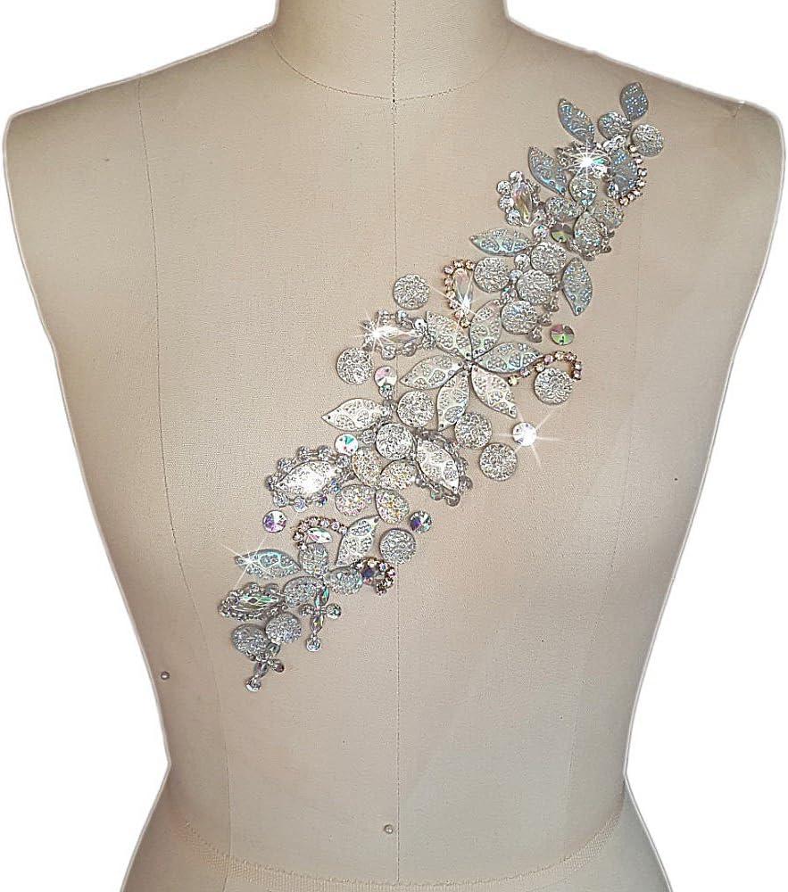 Fashion! Pure Handmade Bright Crystal Patches Sew-on AB Color Rhinestones Applique with Stones Sequins Beads DIY for Wedding Dress Decor Accessory 3.9x14.2 Belt Waist Decoration