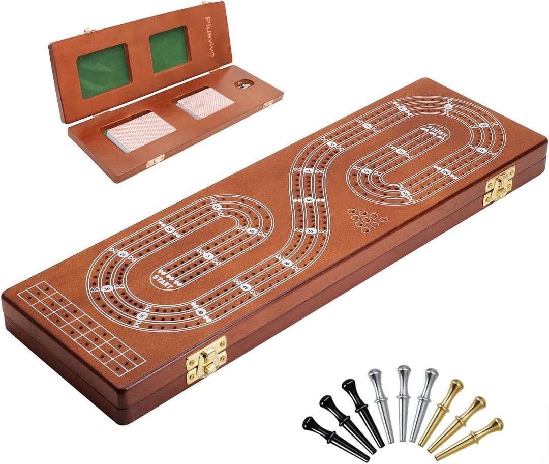 Cribbage Board Game Set 3 Tracks, Plusvivo Solid Oak Wood Cribbage Boards Unique with 9 Metal Pegs & 2 Storage Area, 15.5 X 4.9 X 1.2 in Travel Portable Cribbage Game Sets for Family (Brown)