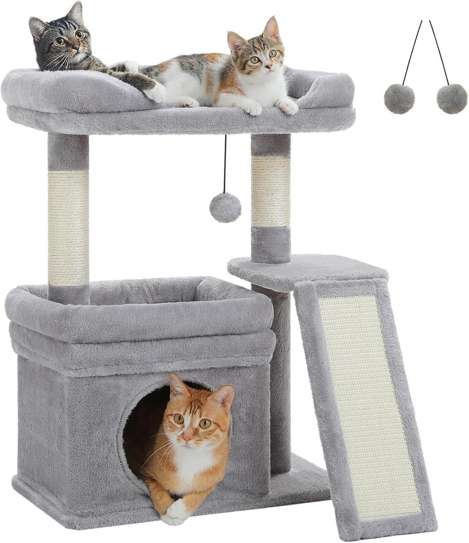 PEQULTI Small Cat Tree Tower for Large Adult Cats with Wide Top Perch, Private Cat Condo and Sisal Scratching Post&Pad for Indoor Cats, Gray, 19.3"L x 12.2"W x 25.6"H