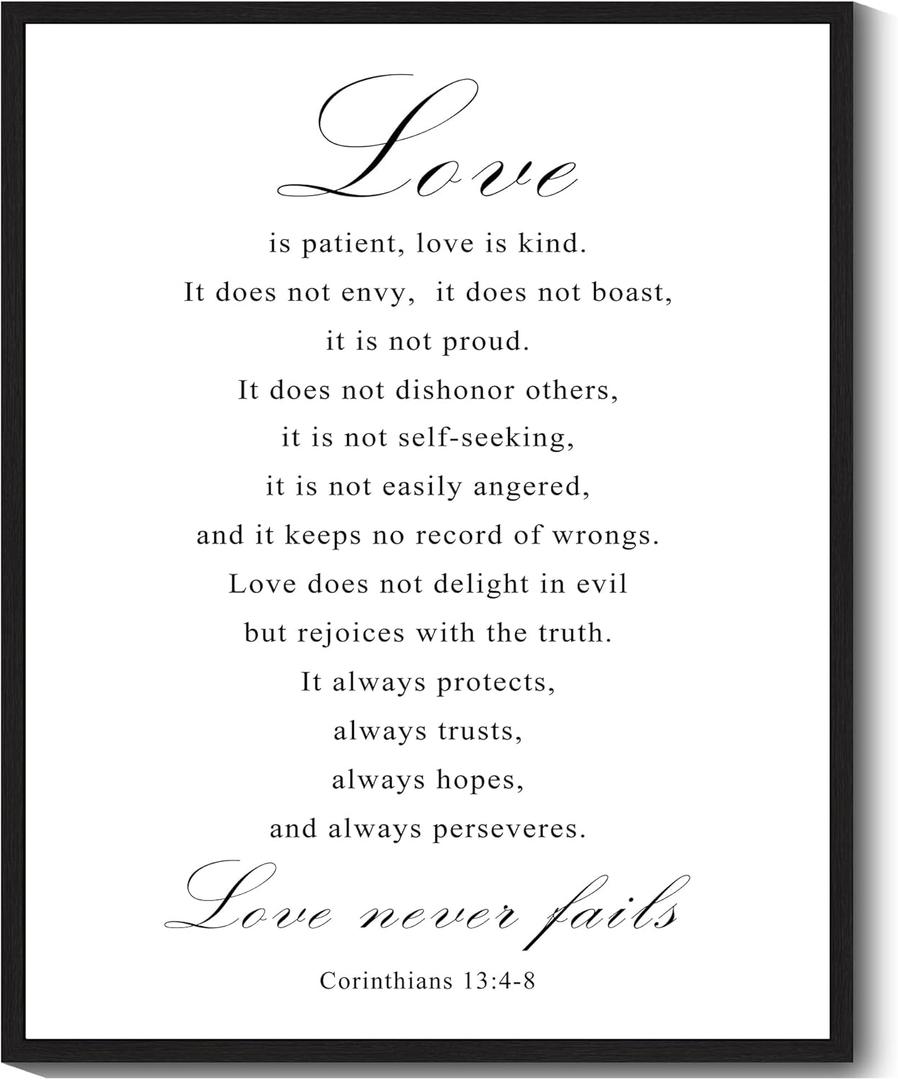 KUVIOKE Christian Framed Wall Art Patient Love is Kind 1 Corinthians 13:4-8 Positive Scripture Rustic Prints Office Home Ready to Hang 8x10in (Black Framed)