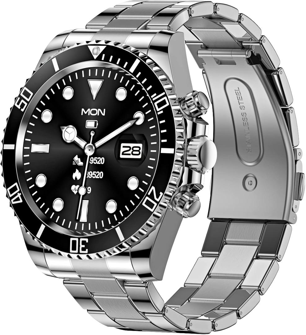 Findtime Smart Watch for Android Phones Answer Make Calls SMS Reminder Smartwatch Compatible iPhone Bluetooth Stainless Steel Fitness Watch Men Smart Watches for Men Reloj Inteligente (Black)