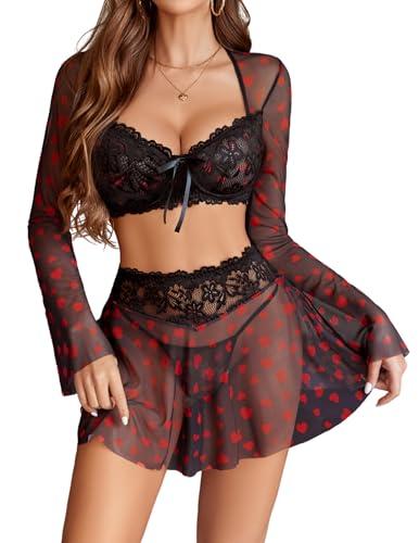 Avidlove Women's Sexy Contrast Lace Mesh Lingerie Set 3pcs Bell-Sleeved Top Lingerie Skirt Size S