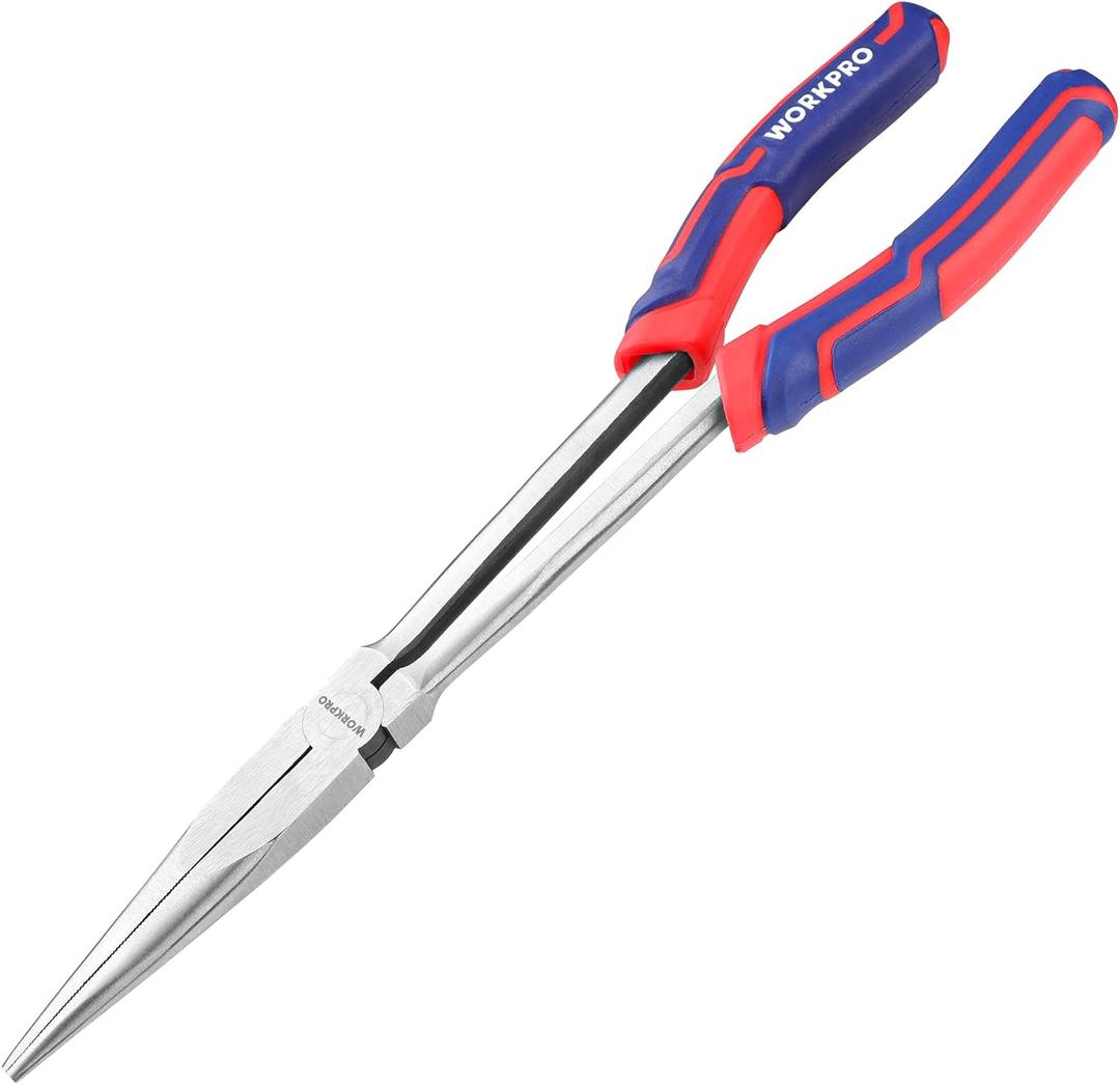 WORKPRO Premium 11 Extra Long Needle Nose Pliers, Paper Clamp Precision, Heavy-Duty CRV Steel, Soft Grip