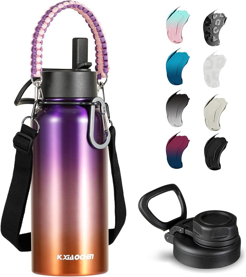 KXIAOCHEN Insulated Water Bottle, Stainless Steel Water Bottle, 2 Lids (Straw and Handle Lid),Wide Mouth Metal Water Bottles Keep Hot and Cold, Double Walled, Thermo Mug, Metal Canteen (40 Ounces, Tropical Fruit)