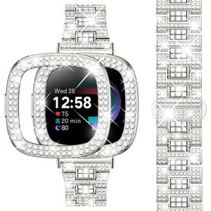 Dsytom Bling Stylish Watch Band Compatible With Fitbit Versa 4, Sense 2, Versa 3, Sense - Cute Strap With Rhinestone Protective Case Cover for Women