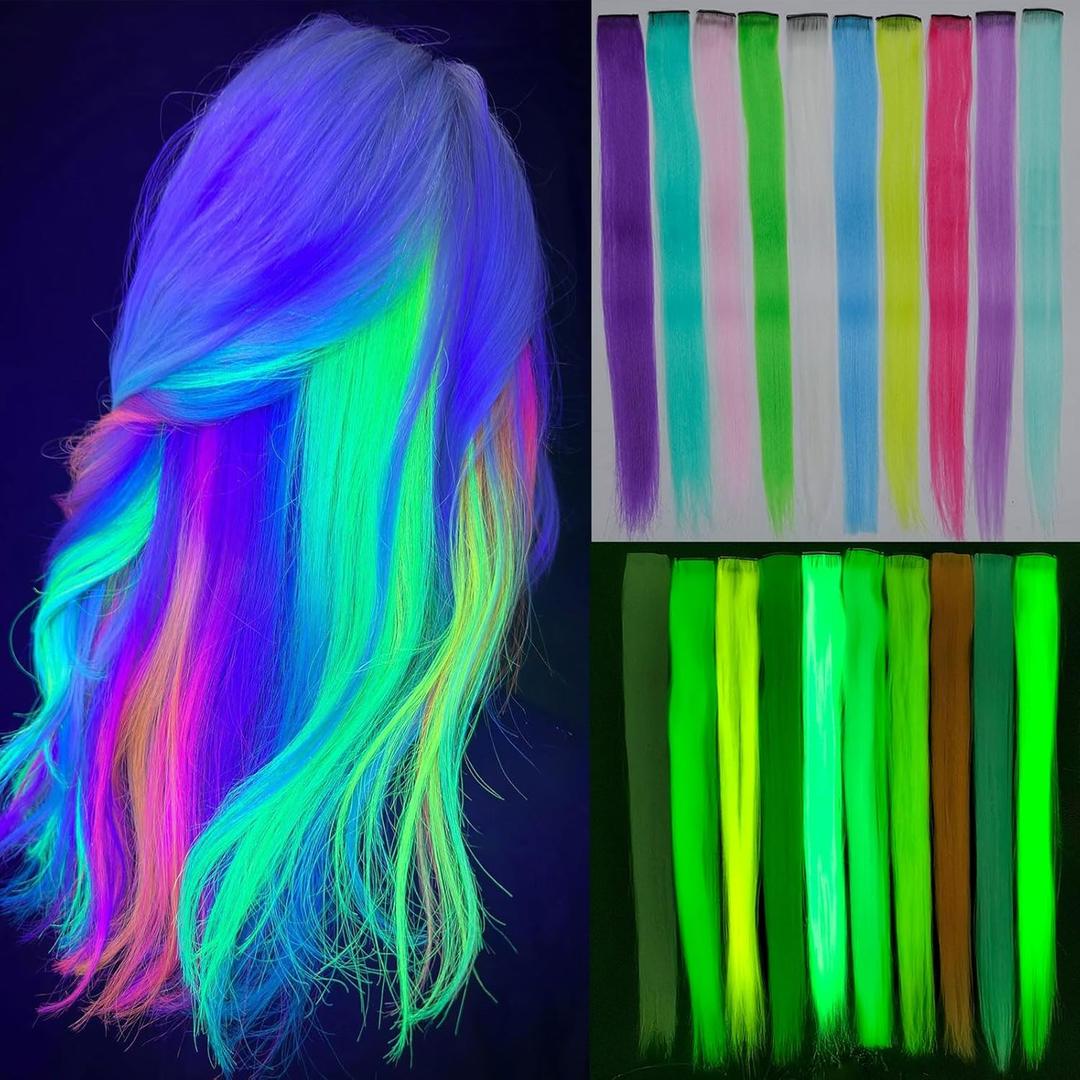 Ms Aloe 10 Pcs Glow in Dark Clip in Hair Extensions - 22inch Colorful Synthetic Rainbow Glow in The Dark Hair Accessories for Women