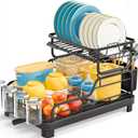 Dish Rack for Kitchen Counter, Large Capacity Dish Drying Racks with Drainboard, Kitchen 2 Tier Over Sink Dish Rack, Countertop Dish Drainer Rack with Removable Cup&Cutlery Holders, 15.7"x12.2"x11.6" (Black)