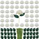 YFLIUBAI Artificial White Hydrangea Flowers with Leaves, 50 Pack, 6 Inch Silk Flower Heads, DIY Mother's Day Wedding Decor Set with 100 Leaves, 50 Stems