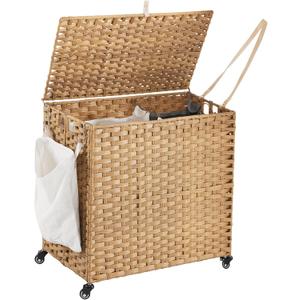 Laundry Hamper with Wheels, 39.6 Gallon(150L) Rolling Laundry Basket with Lid, Removable Large 2 Color Liners & 3 Mesh Laundry Bags, Clothes Hamper with Side Pocket, Natural
