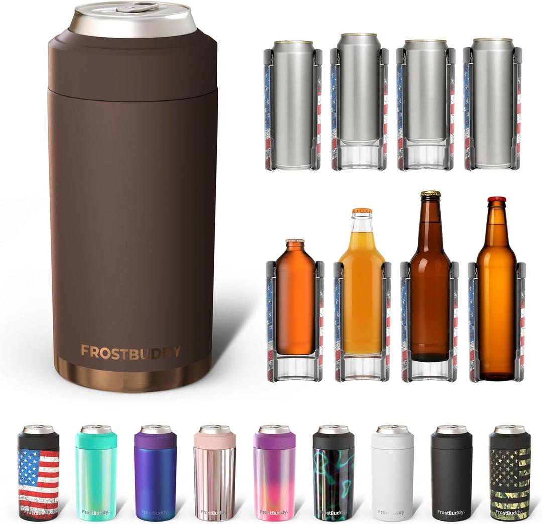 Frost Buddy Universal Can Cooler - Fits all - Stainless Steel Can Cooler for 12 oz & 16 oz Regular or Slim Cans & Bottles - Stainless Steel (Espresso)