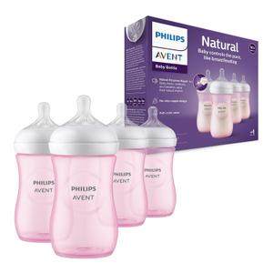 Philips Avent Natural Baby Bottles with Natural Response Nipples (Medium Flow, Flow 3), 9oz, Pink, 4-Pack, SCY903/14