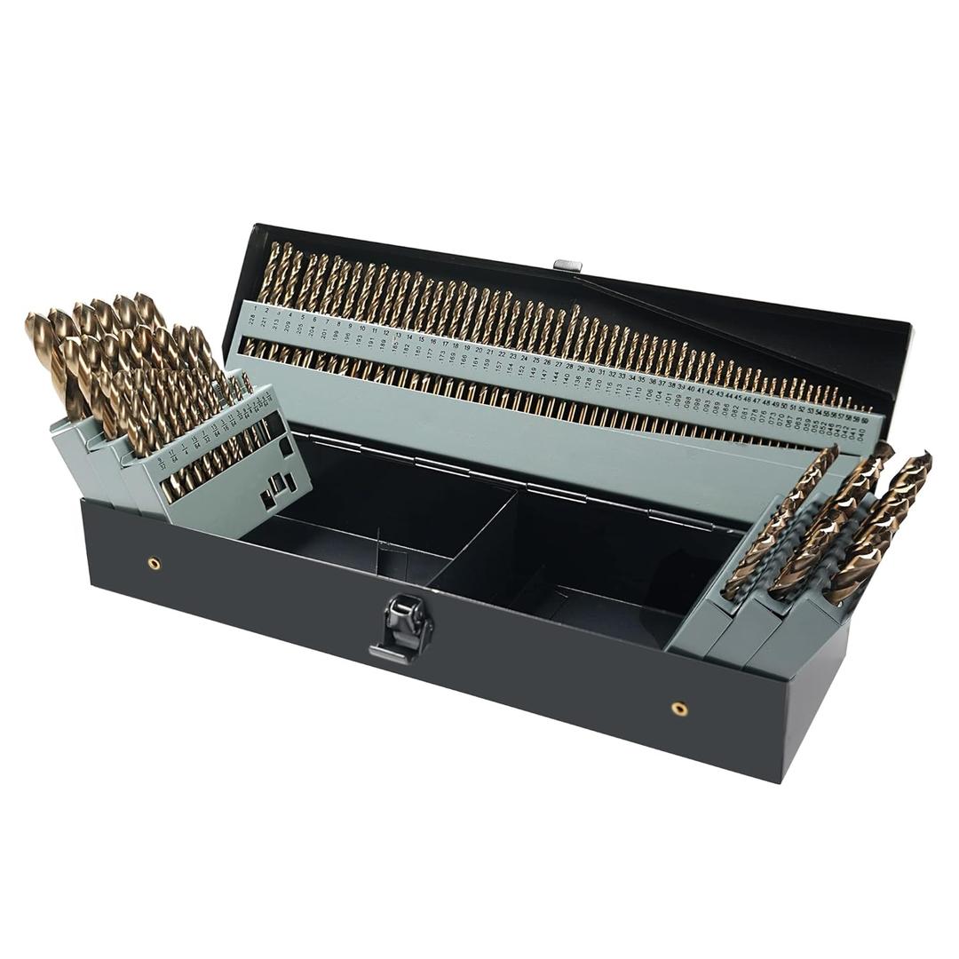 115Pcs Cobalt Drill Bits Set, M35 High Speed Steel, 135 Degree Tip, Twist Jobber Length Drill Bit Kit for Hardened Metal, Plastic and Wood with Metal Indexed Storage Case, 1/16"-1/2"