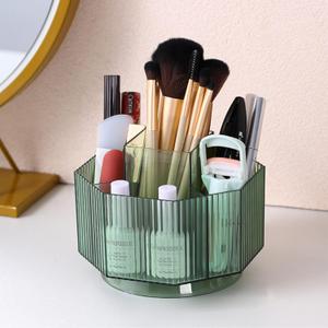 LINFIDITE 360° Rotating Makeup Organizer Holder Cosmetic Display Case Clear Makeup Brush Lip Gloss Organizer Case with 5 Slots Round Turntable Storage Tray for Vanity, Bathroom, Counter Organizer Green