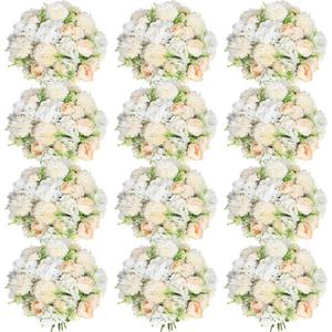 Tigeen Artificial Flowers Artificial Peonies Silk Flowers Faux Peony Fake Peony Silk Hydrangea Bouquet for Wedding Table Centerpiece Floral Vase Decor(Champagne White,12 Bundles)