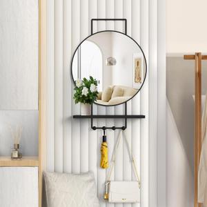 BEAUTME Wall Mirror with Shelf and Hooks, Round, Modern, 30x20 Inch Black