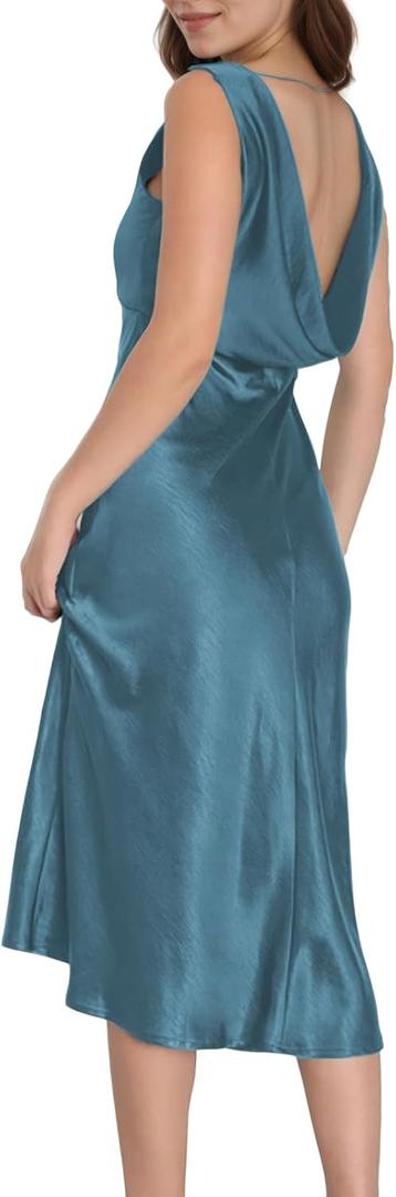 Summer Satin V Neck Backless Midi Dresses for Women 2025 Silky A line Formal Low Back Sleeveless Wedding Guest Long Dress (M)