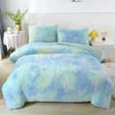 WINLIFE Shaggy Bedding Comforter Set Faux Fur Flannel Furry Comforter Microfiber Long Hair Fluffy Plush Comforter Sets Ombre Blue Aqua Green Bedding for Girls Adults (3Pcs, Queen, Blue Green)