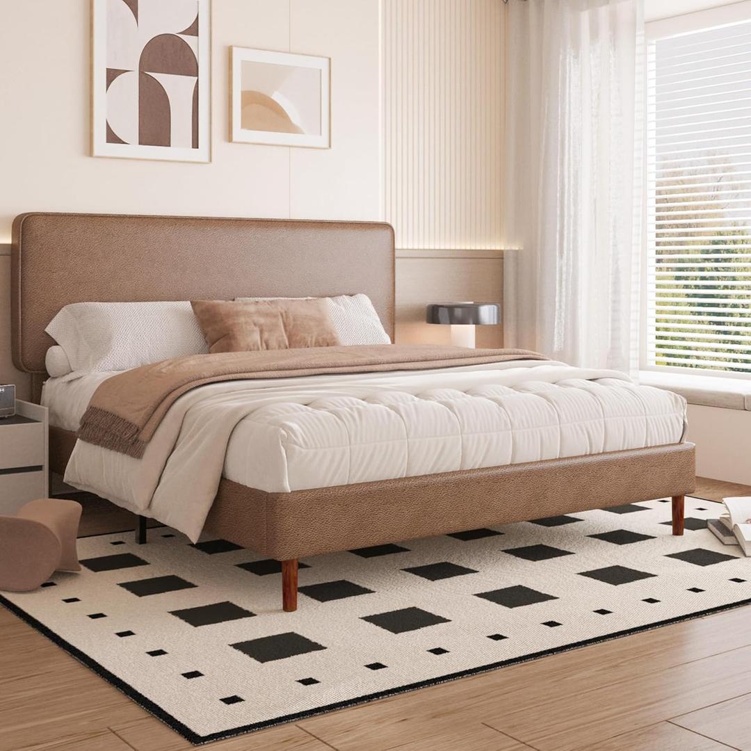 King Size Leather Platform Bed Frame with Adjustable Upholstered Headboard, Solid Wooden Legs, No Box Spring Needed, Easy Assembly, Noise Free, Brown