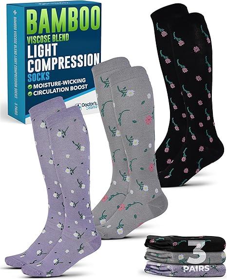 Doctor's Select Bamboo Viscose Light Compression Socks for Women & Men - 3 Pairs, 8-15 mmHg Compression Socks, Knee High