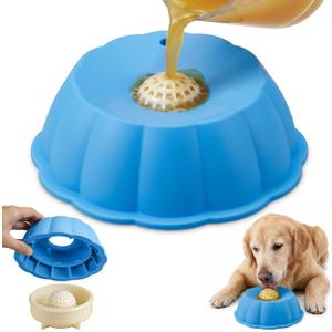 Dog Lick Bowl Ball Slow Feeder, Licking Bowl for Liquid Treat with Rolling Spin Sphere Roller Licker, Licky Feed Calming Anxiety Relief Enrichment Yogurt (Blue)