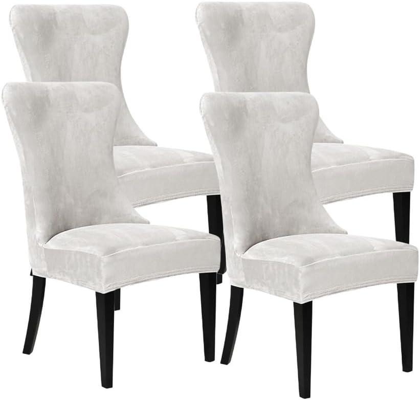 Wingback Chair Covers, Velvet Stretch Tufted Wingback Chair Cover Slipcover, Reusable Protector Arm Dining Chairfor Dining Room Banquet Home Decor, Machine Washable (White, Set of 4)