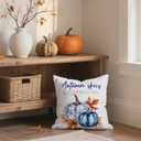 2 x Fall Throw Pillow Cover 16x16 Inch  White Linen Autumn Cushion Cover with Blue Pumpkins and Orange Leaves  Double-Sided Print, Farmhouse Thanksgiving Pillowcase for Sofa Couch Bed
