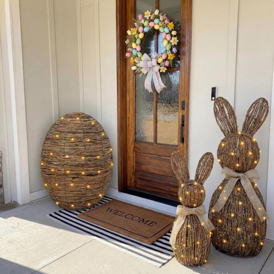 Estune 3 Pcs Rattan Woven Easter Bunny Decor with LED Light Strings, 28" 20" 19" Spring Rabbit Eggs Light up Easter Garden Decoration for Rustic Farmhouse Outdoor, Non-Connecting Structure Cable Ties