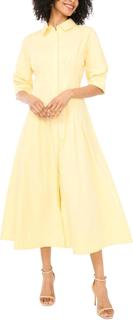 Vince Camuto Women's 3/4 Sleeve Button Up Maxi Pleated Shirt Dress (Medium, Lemon Cream)